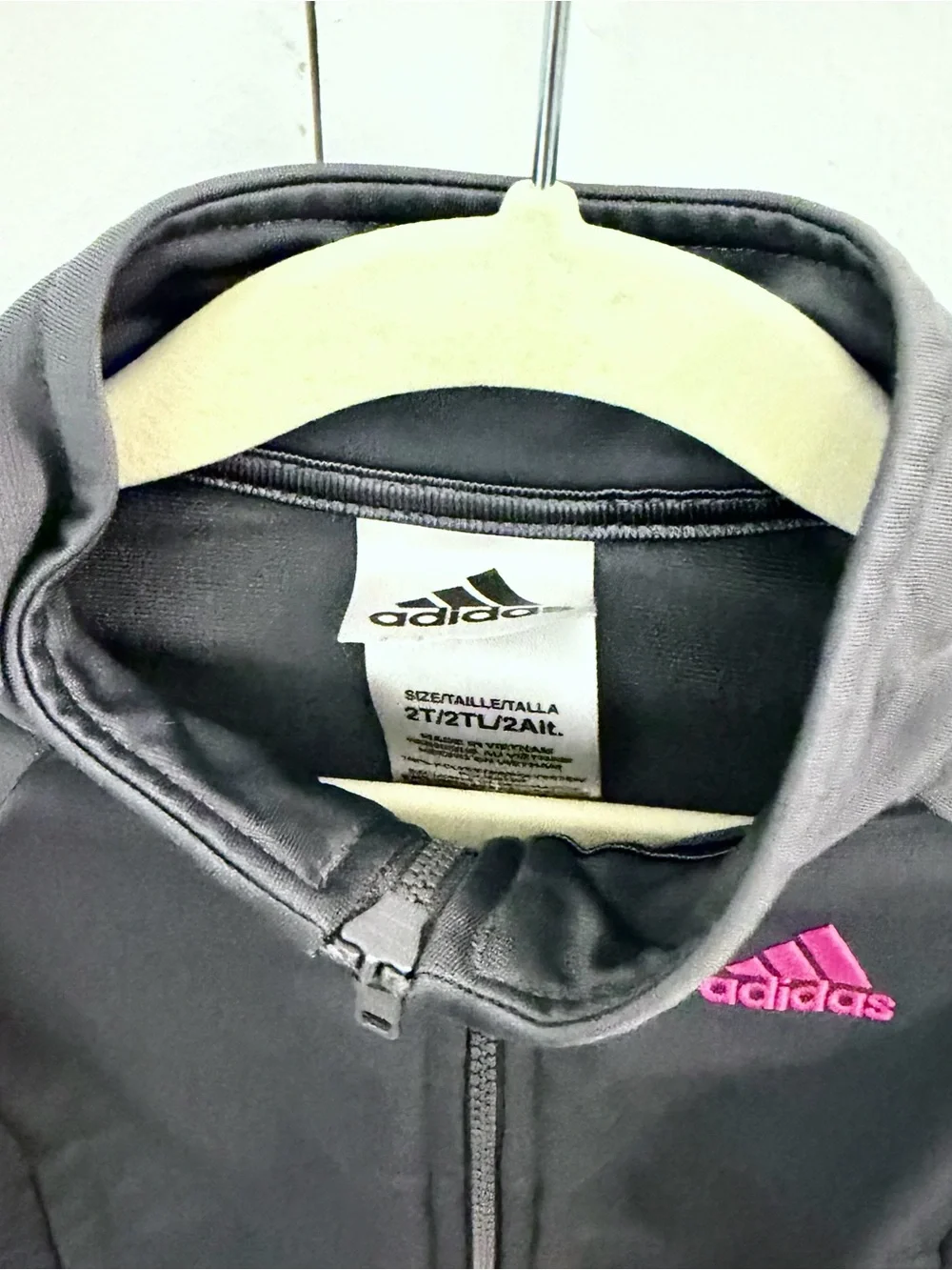 adidas Dark Gray Tricot Track Jacket with Pink Logo